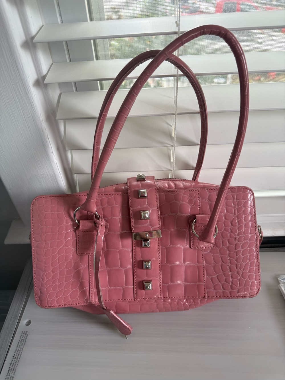 Cynthia Rowley Pink Croc-Embossed Stud Shoulder Bag